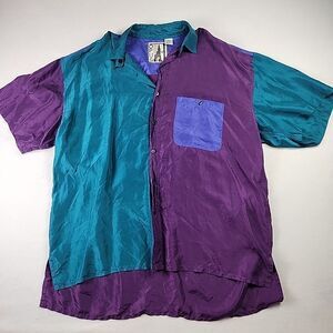 VTG 90's Opus 100% Silk Colorblock Button Down Shirt Large Retro Y2K Club